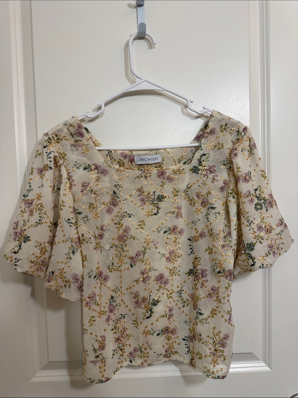 Chicwish Ivory Floral Gold Embroidered Blouse Romantic Cottagecore Top